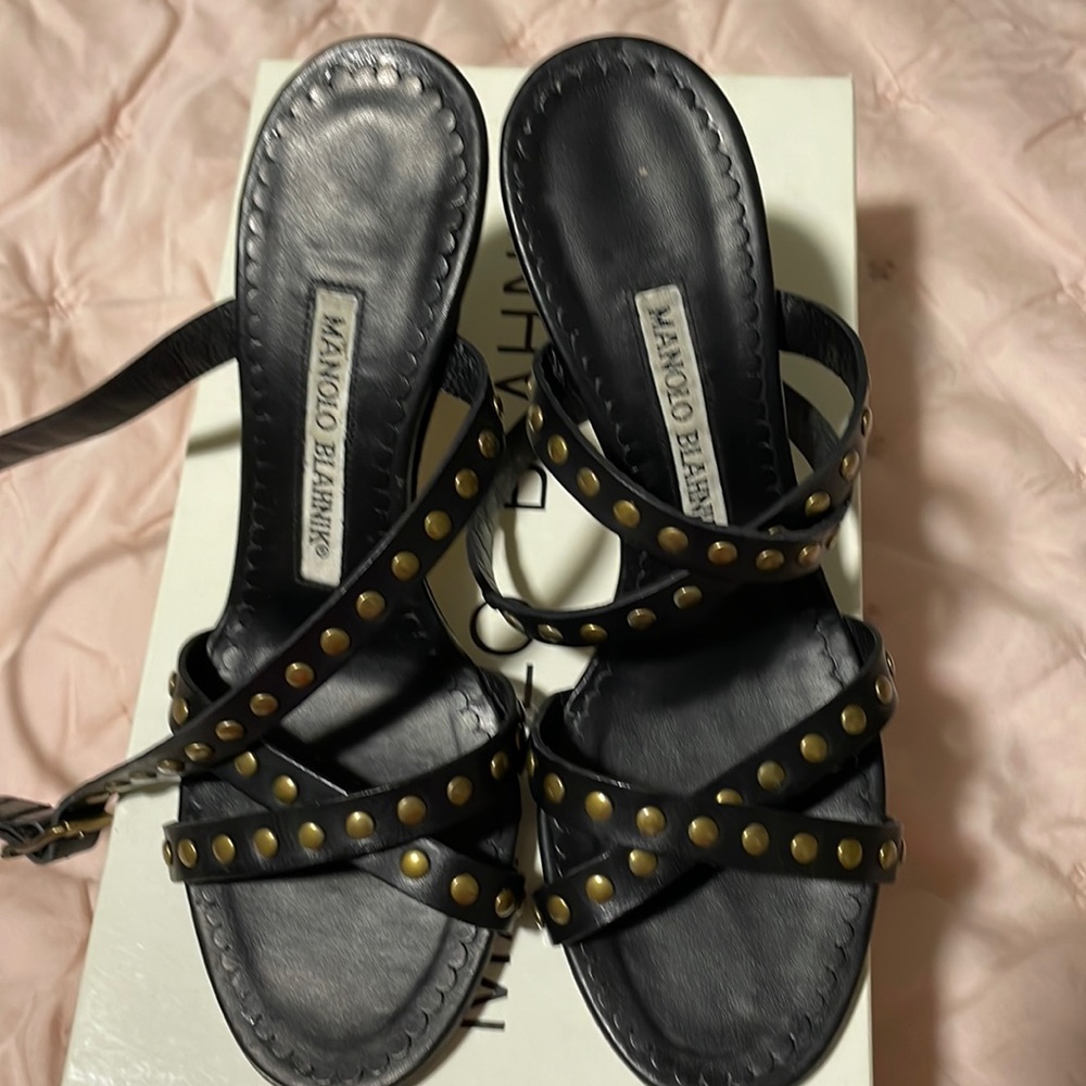 Gold stud ankle wrap heels Manolo Blahnik 4.5